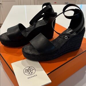 Hermes Black Espadrille Wedges Authentic